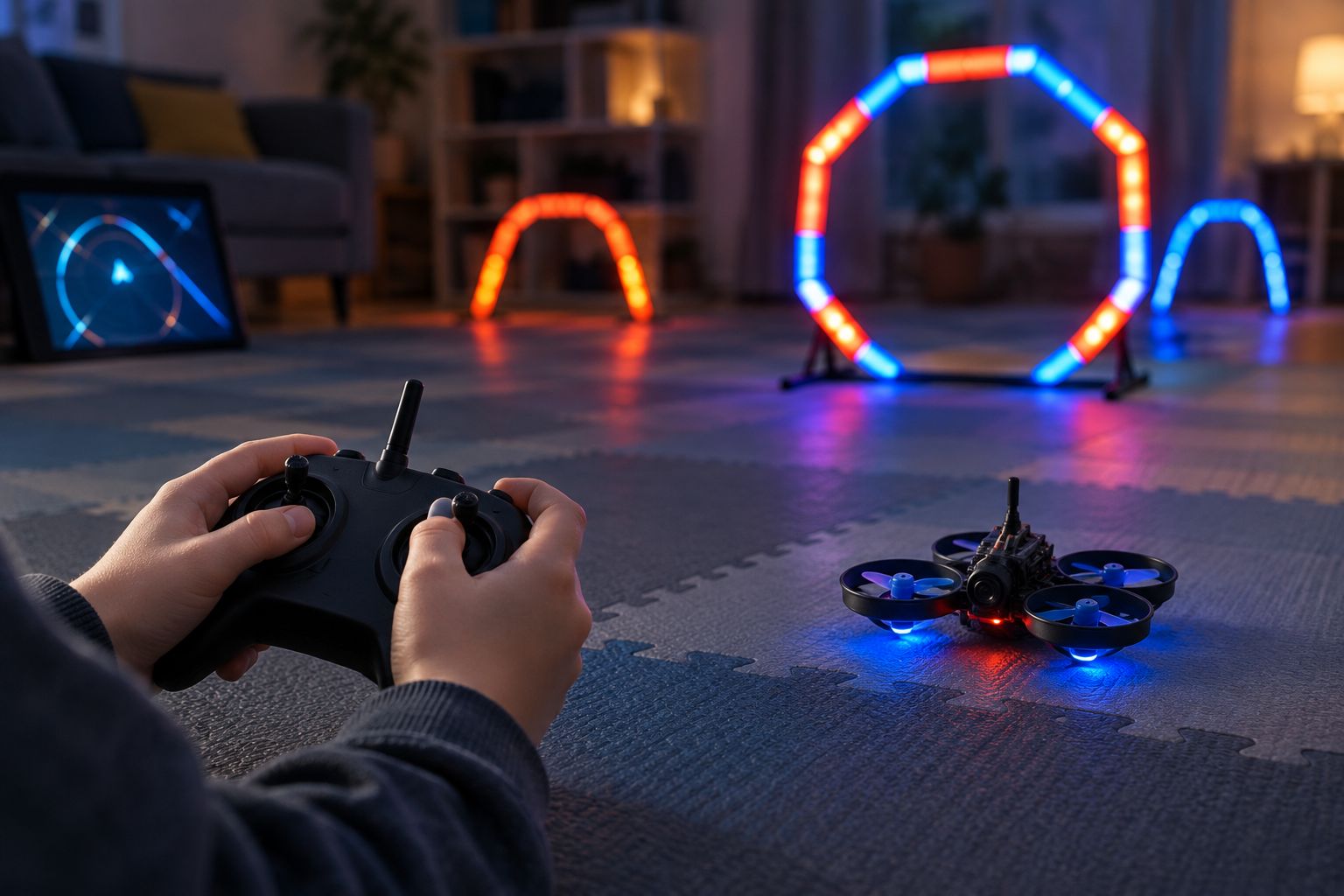 Small ducted micro FPV quad on a foam mat in front of glowing indoor race gates