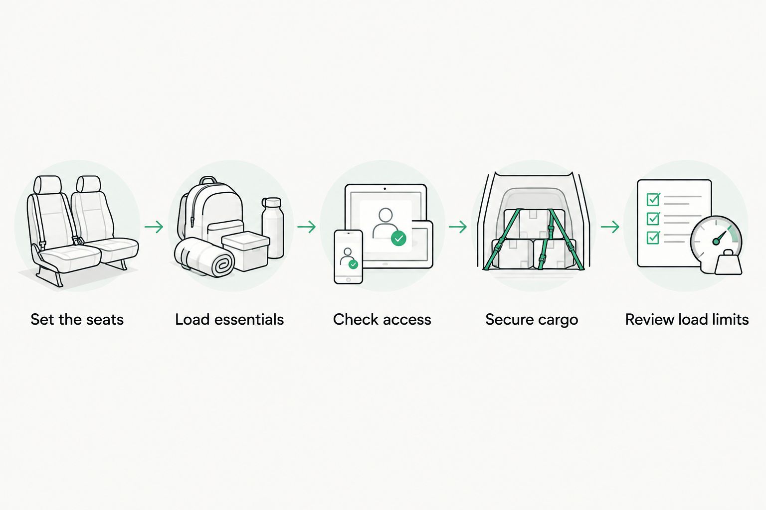 Loading checklist from setting passenger seats to reviewing vehicle load limits
