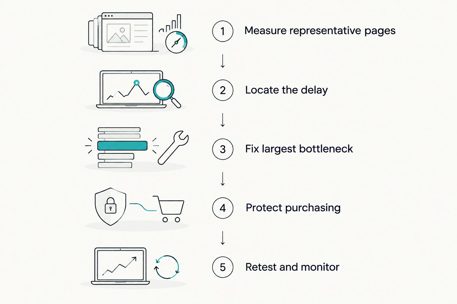 Performance workflow from measuring representative pages to protecting purchases and monitoring results