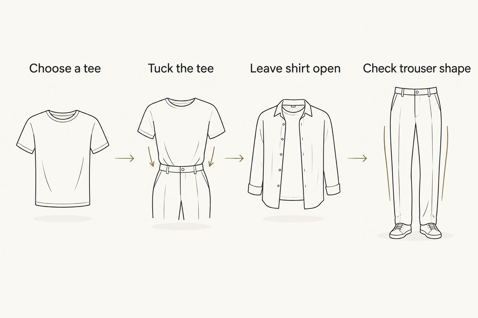 Four styling steps: choose a tee, tuck it, leave the shirt open and check the trouser shape.