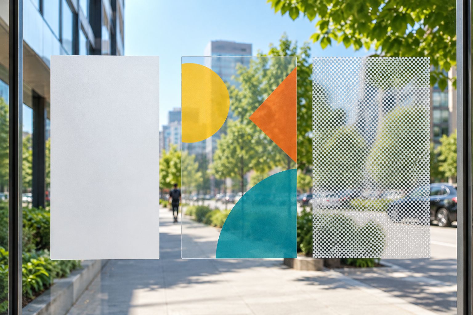 Opaque, clear and perforated adhesive films showing different background visibility on glass