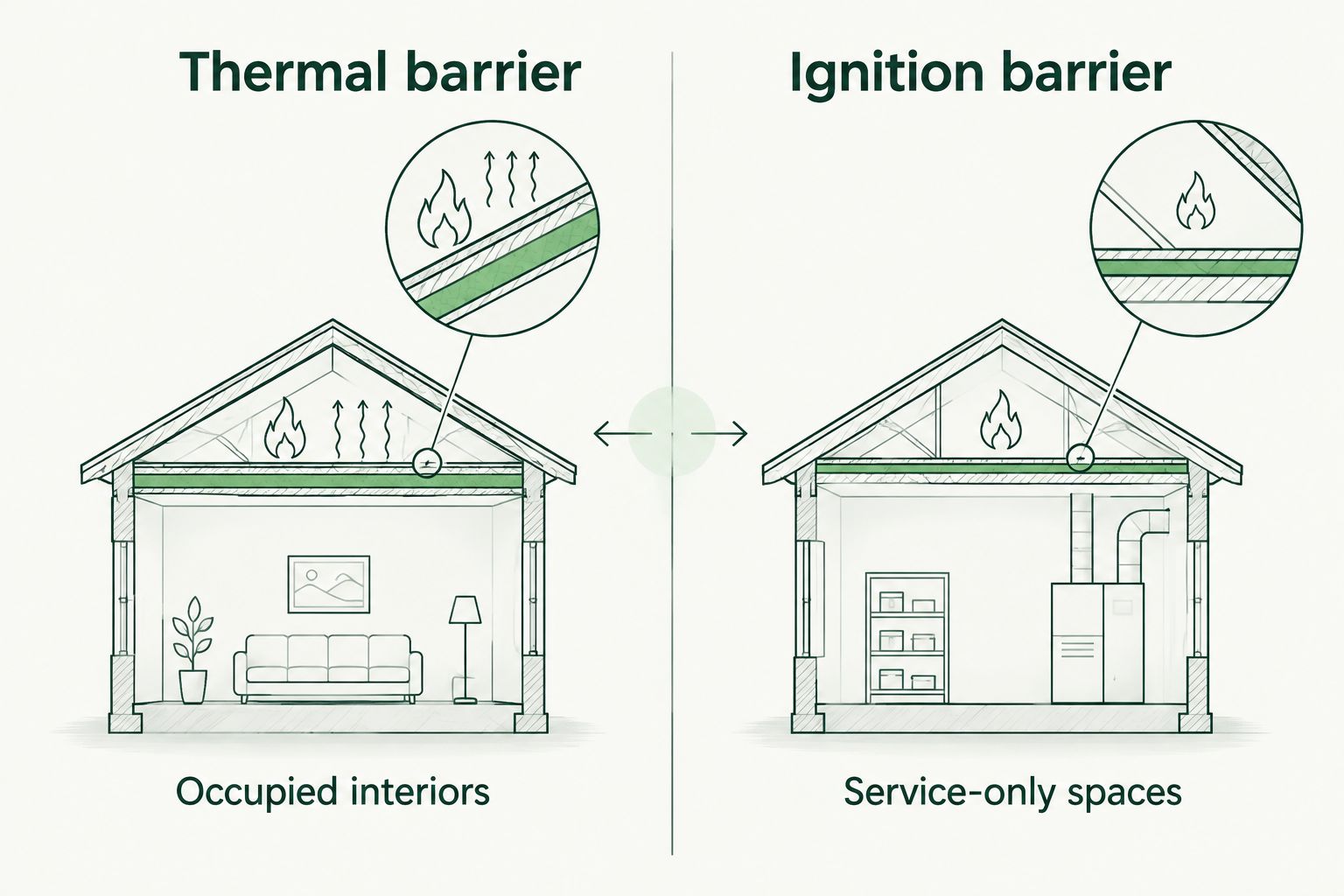 Comparison of thermal barriers for occupied interiors and ignition barriers for qualifying service-only spaces