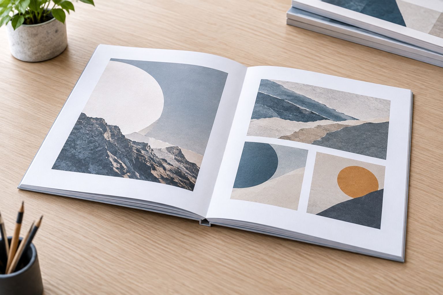 Open portfolio book showing curved pages at the gutter and artwork set away from the binding