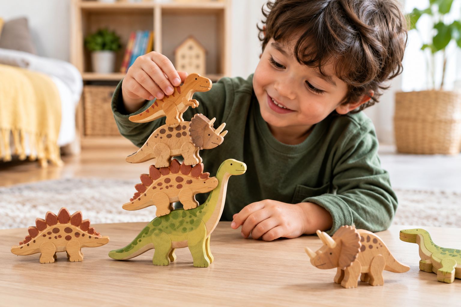 A child placing a wooden dinosaur-shaped piece onto a small stack