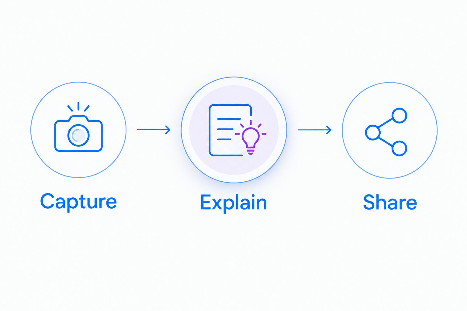 Three-step evaluation showing capture, explanation, and sharing.
