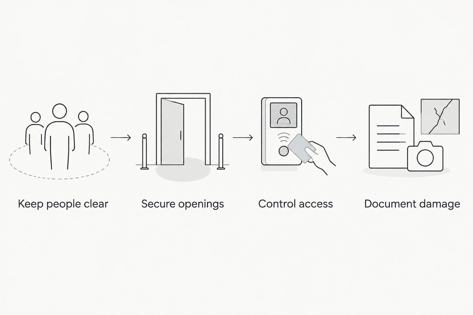 Emergency property response: keep people clear, secure openings, control access, and document damage