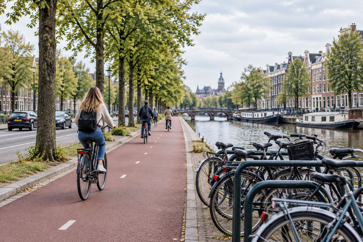 Segregated bike path along a canal separated from car traffic by a curb