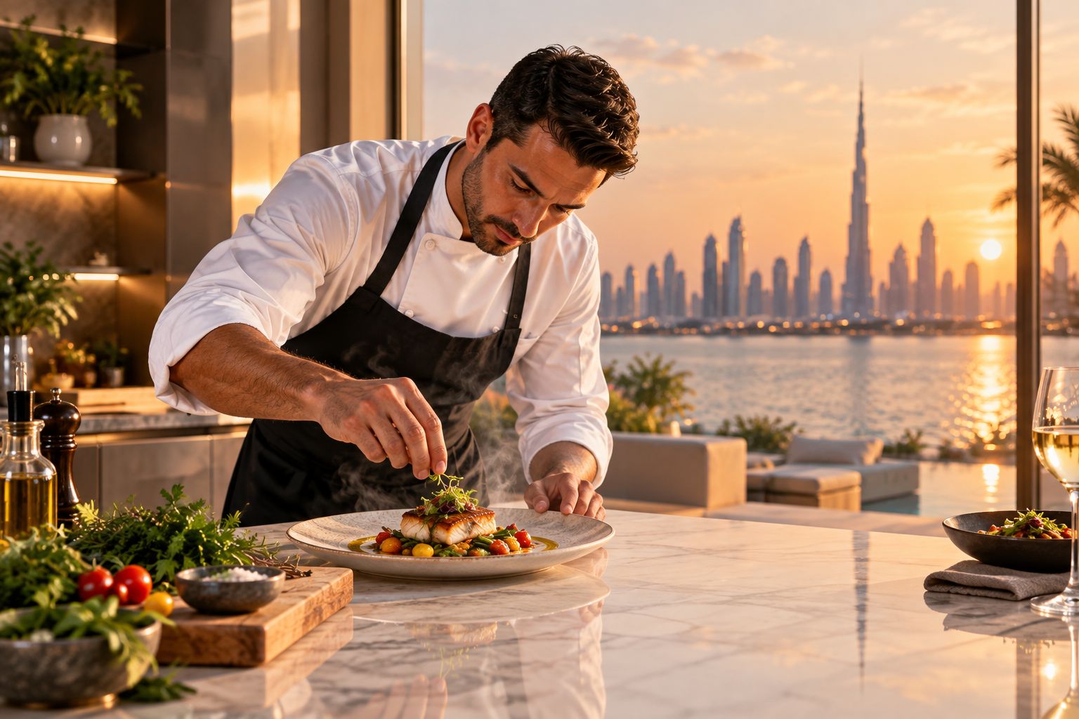 Private chef plating a home-cooked meal in a villa kitchen