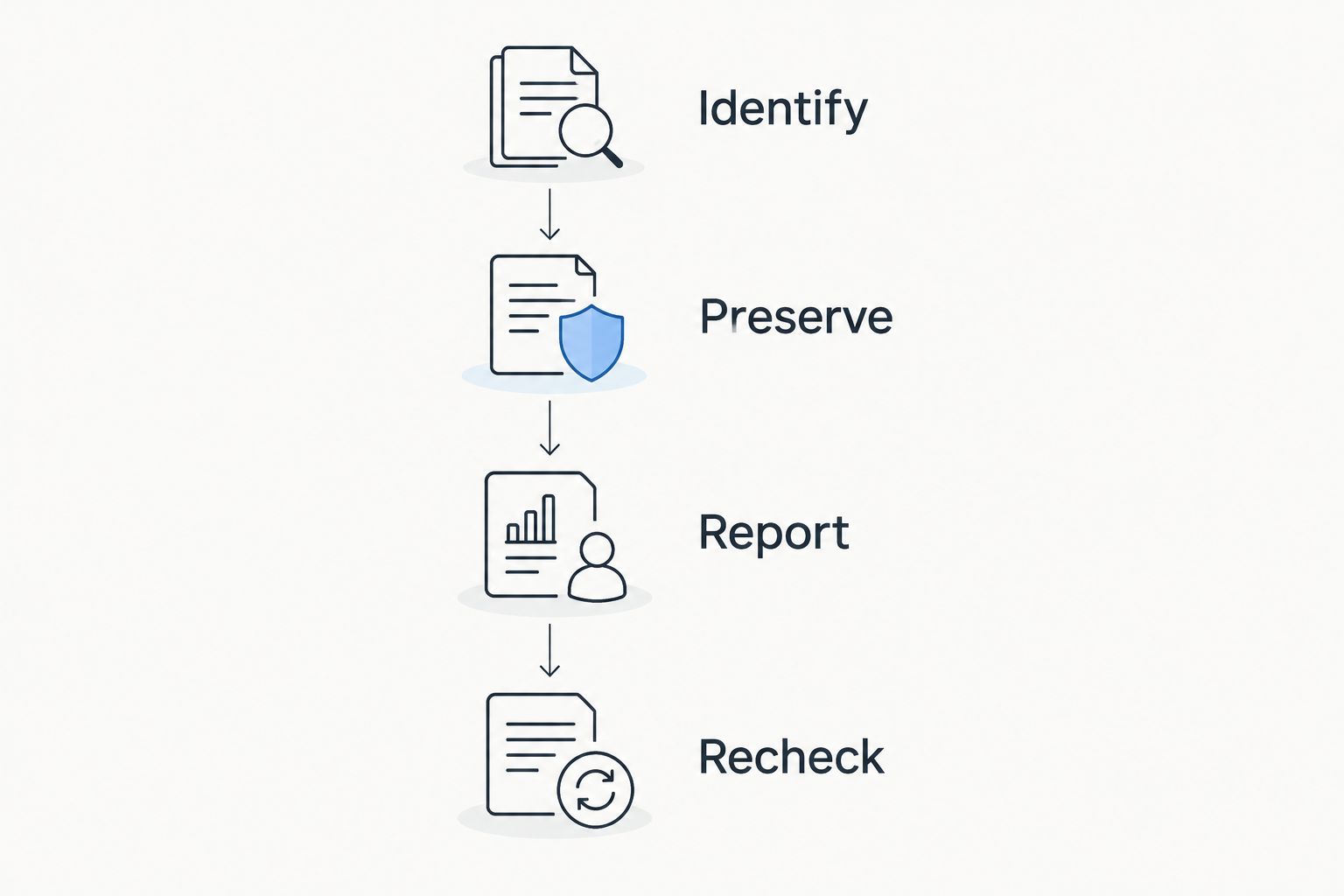 Evidence-preservation sequence: identify the account, preserve material, report, and recheck.