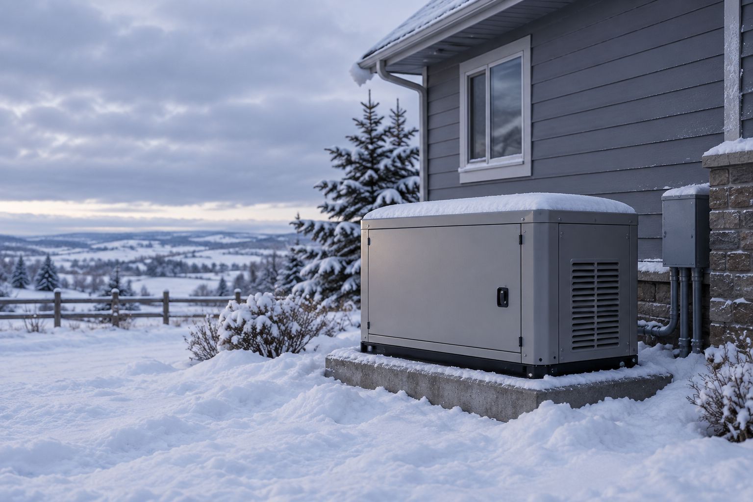 Standby generator on a raised pad beside a house in winter snow