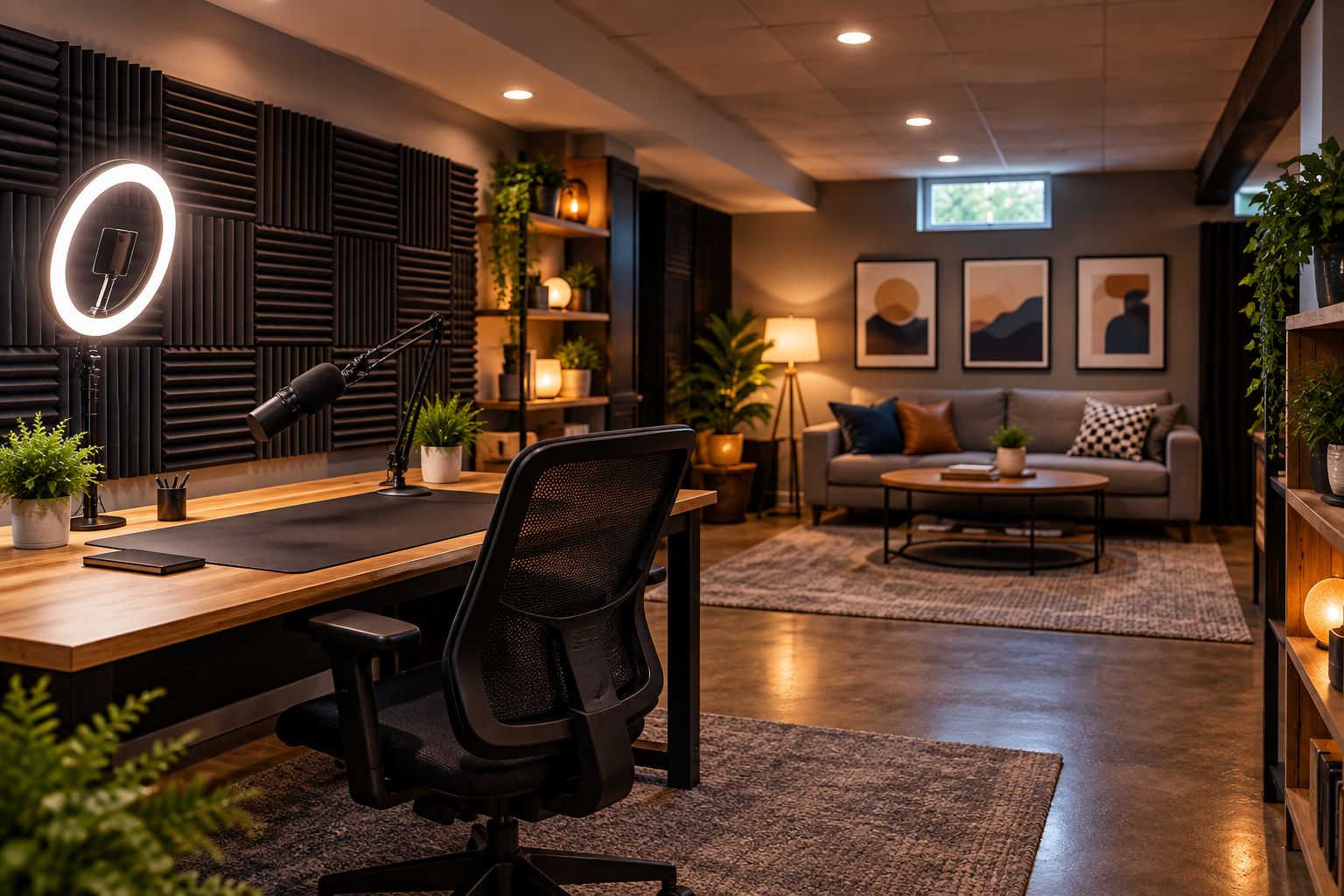 Basement studio wall with acoustic panels and a lighting setup