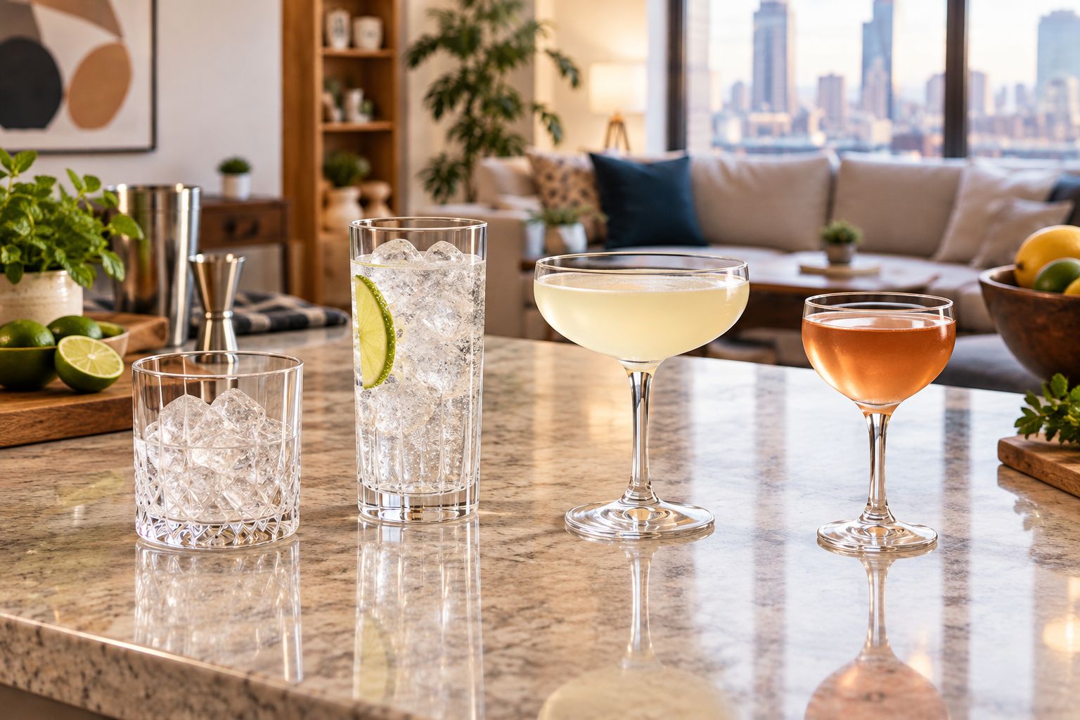 Rocks, highball, coupe, and small rounded stemmed glasses showing different serving shapes