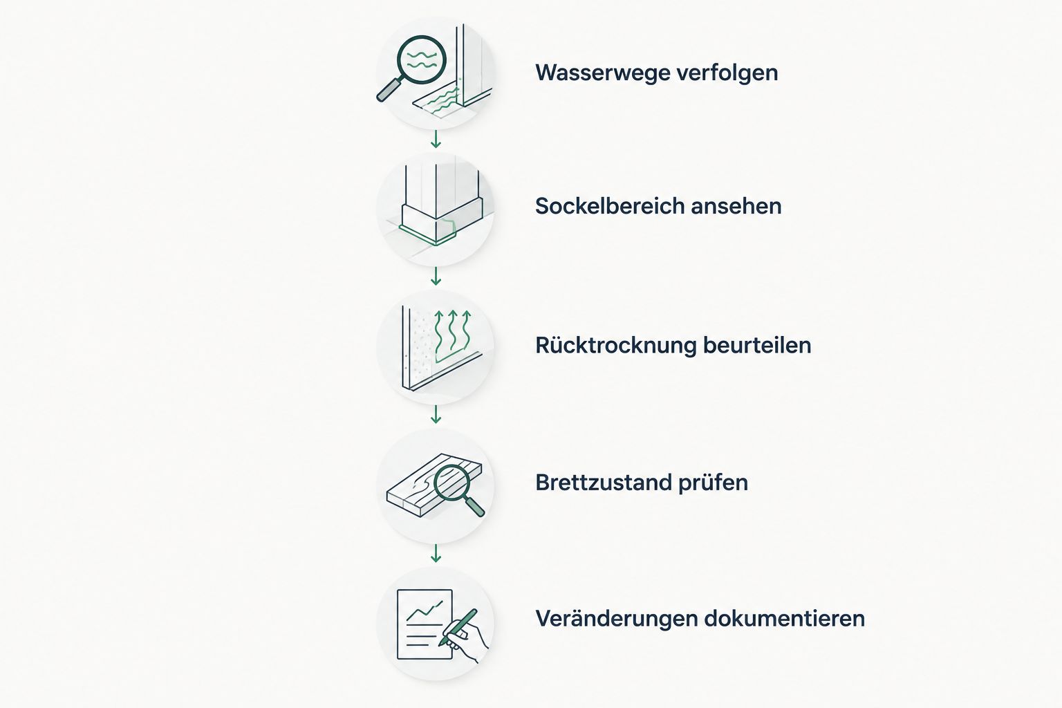 Prüfabfolge für Wasserwege, Sockel, Rücktrocknung, Brettzustand und dokumentierte Veränderungen