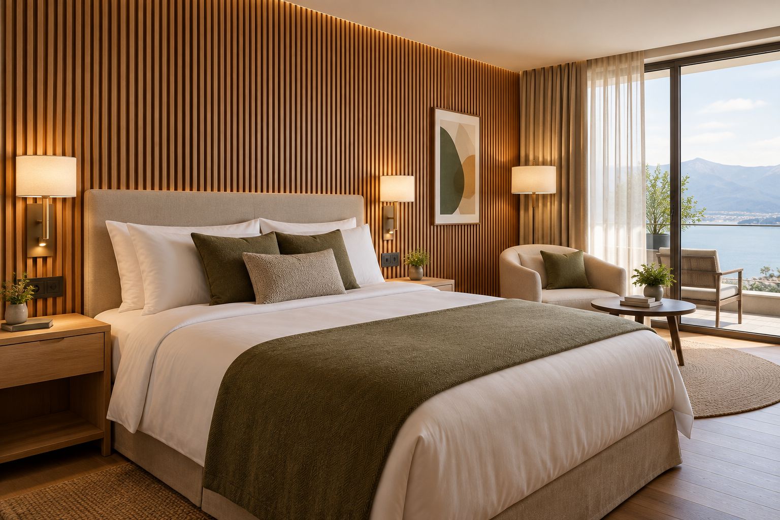 Hotel headboard slat wall with coordinated bedside lights, outlets, and finished perimeter edges