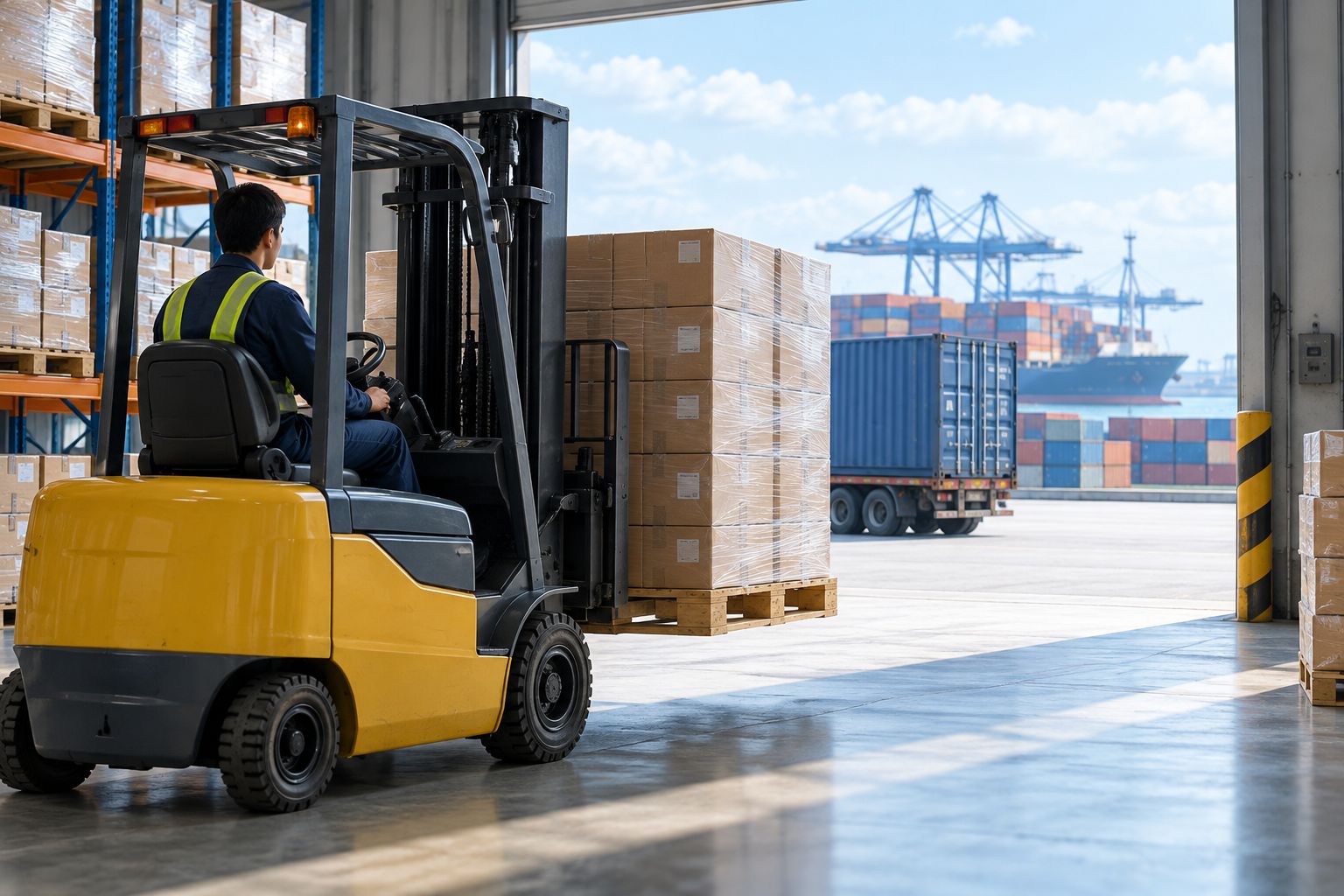 Forklift loading pallets near shipping containers at a warehouse dock