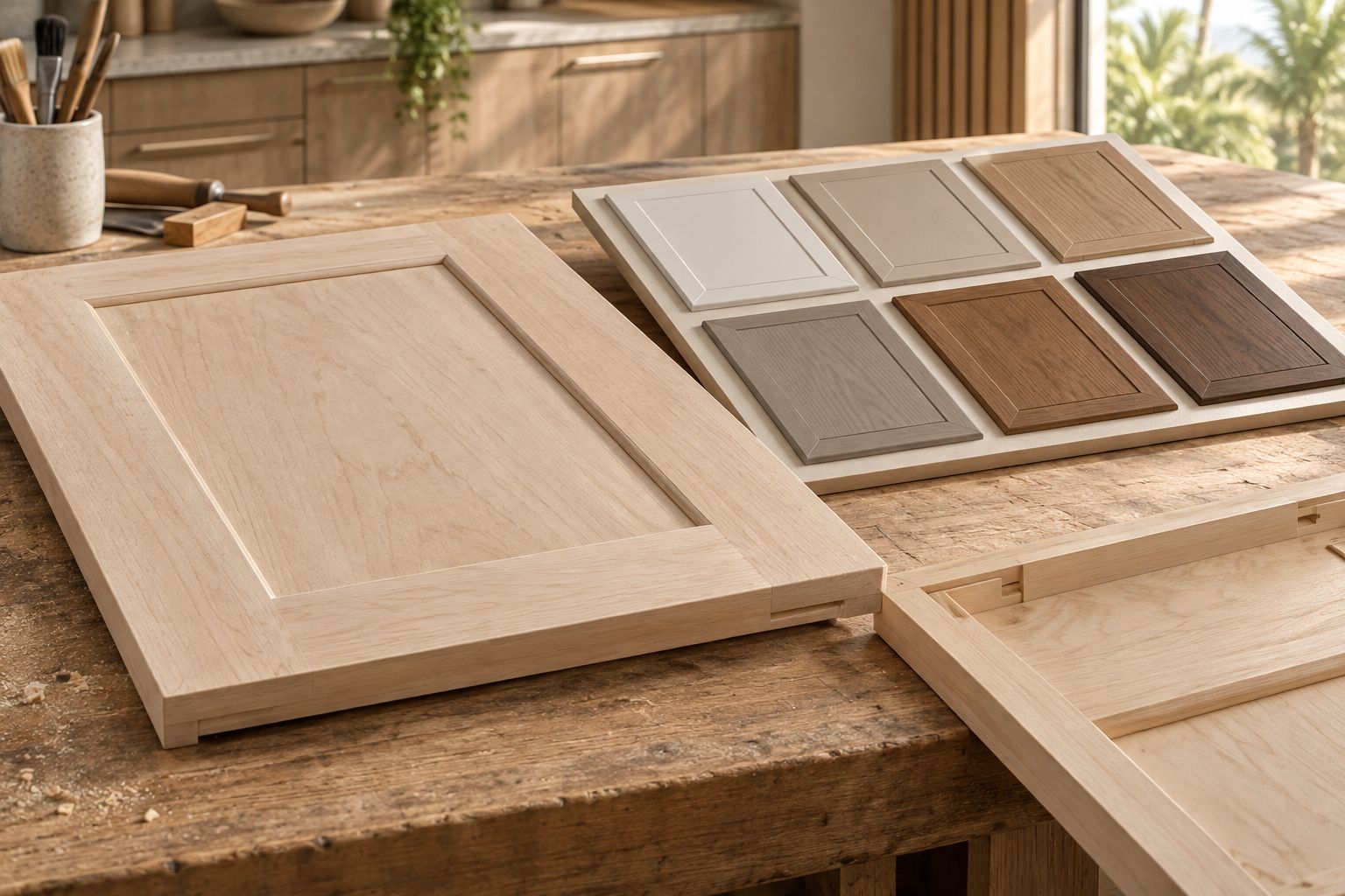 Cabinet door and sample board showing the face, lower edge, and back