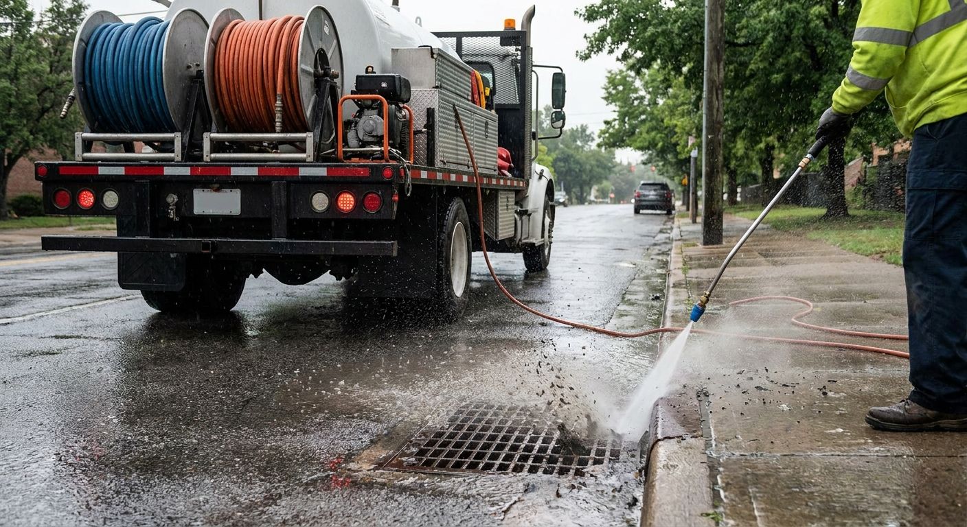 Hydro jetting for clogged storm drains after heavy rain
