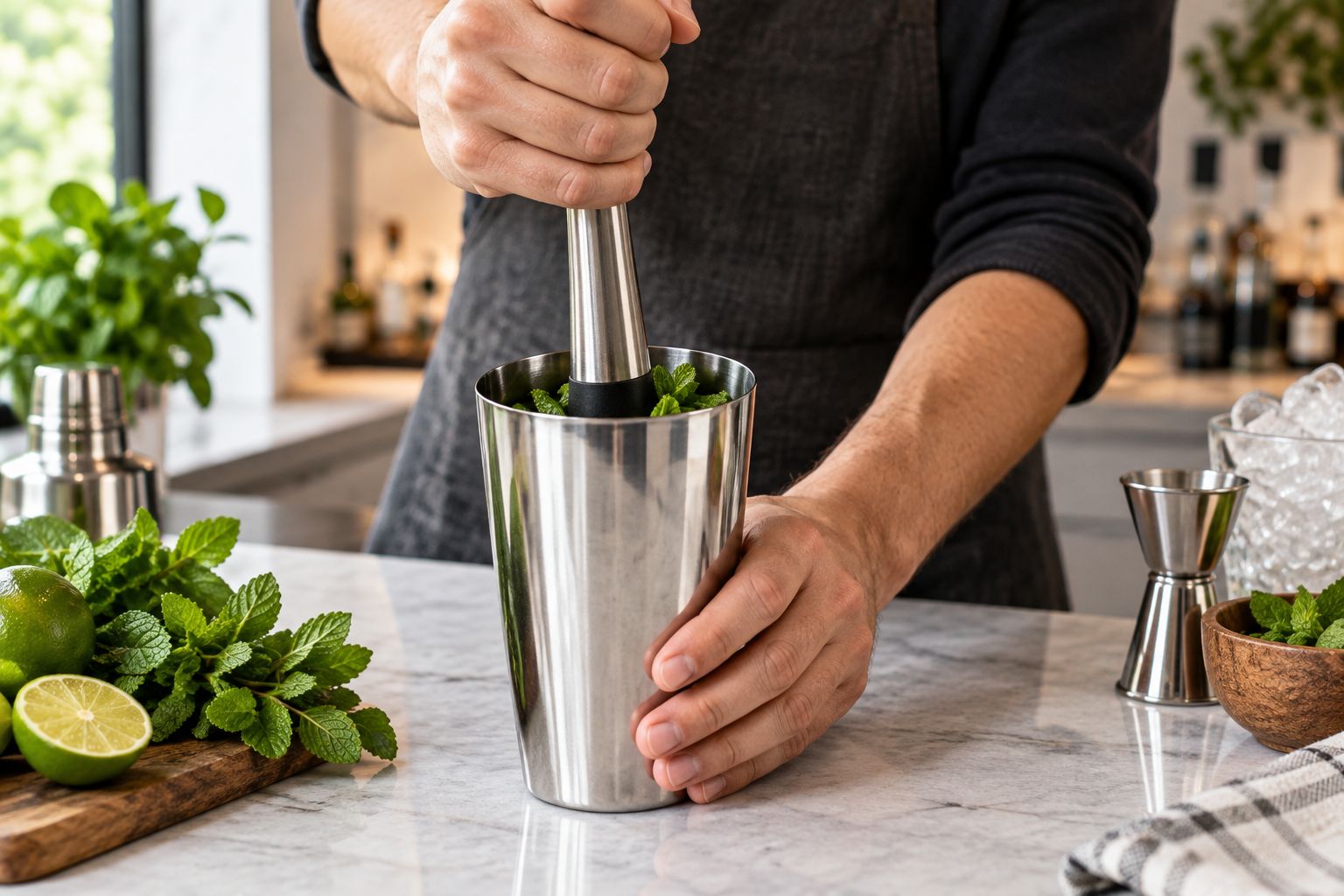 A smooth muddler gently pressing mint in a sturdy cocktail shaker
