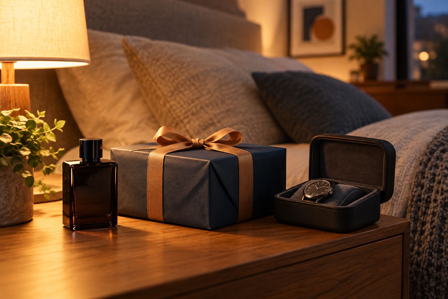 Wrapped gift box with a cologne bottle and watch case on a nightstand