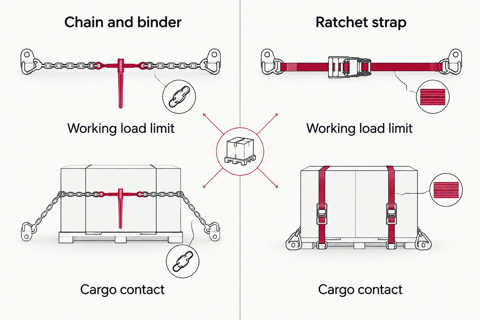 Comparison of chain-and-binder and ratchet-strap assemblies by rating and cargo contact