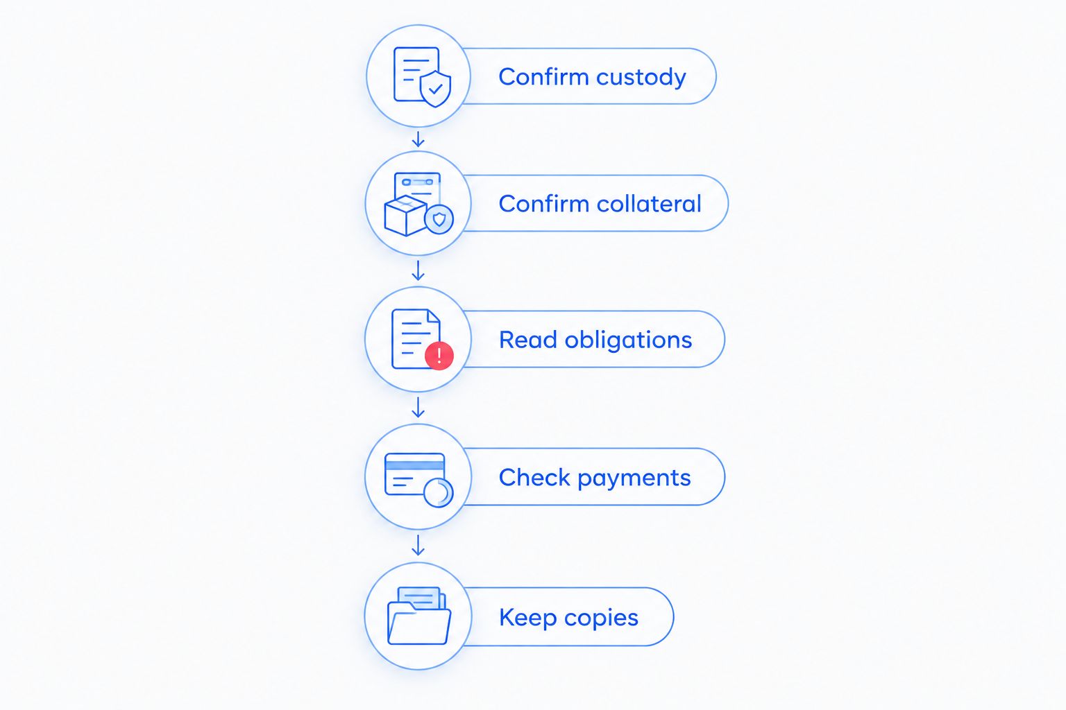 Five steps for reviewing custody status, collateral, obligations, payments, and copies