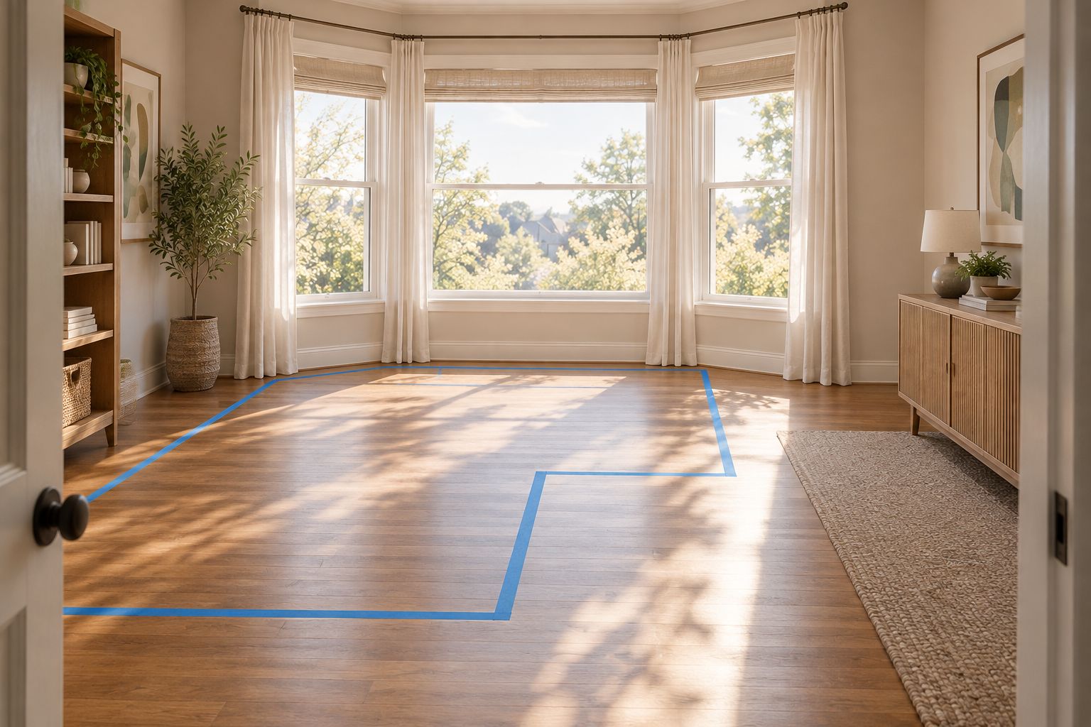 Taped sectional outline beside an angled bay window with a clear walking route