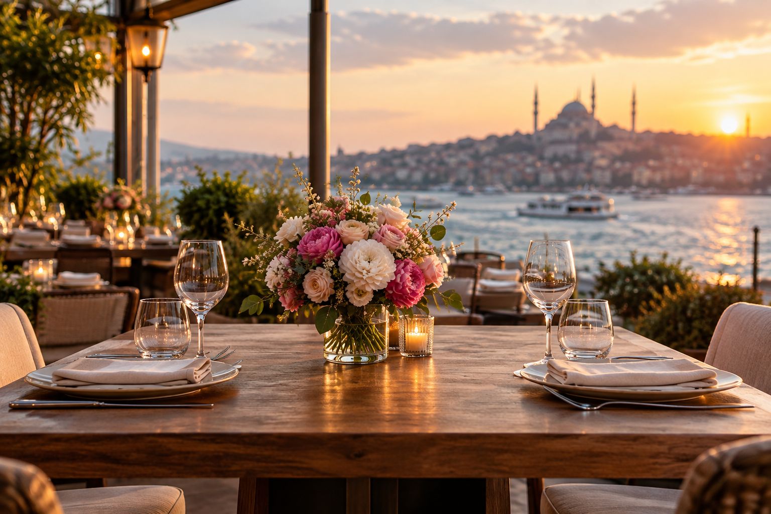 Compact flowers on a fully set restaurant table with a clear view between opposite seats.