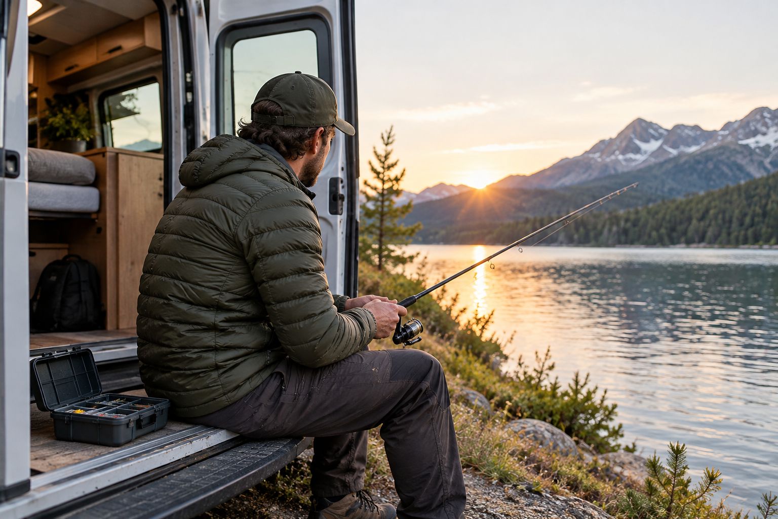 Van traveler using a compact hand reel beside a river