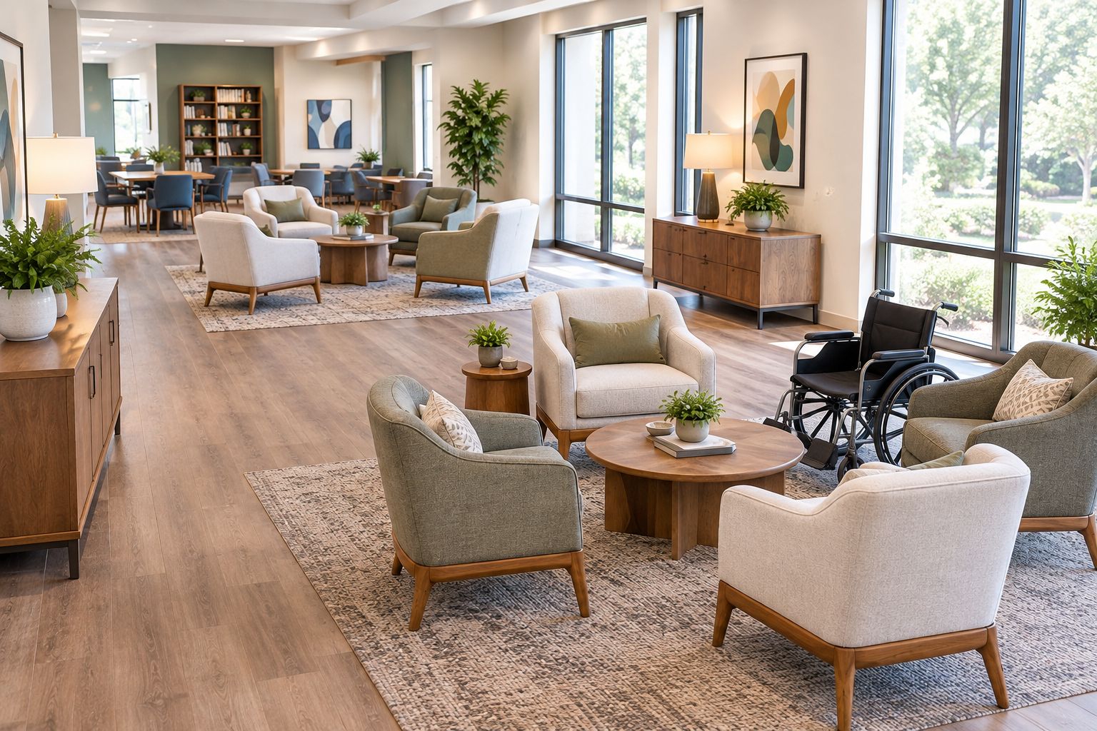 Upright armchairs and side tables grouped beside an unobstructed route in a senior living lounge