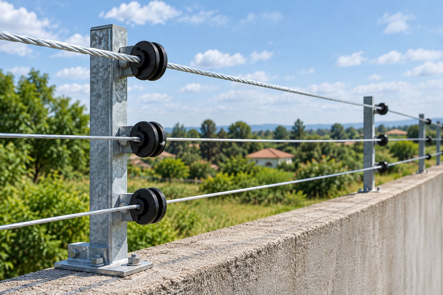 Thick galvanised steel and thinner aluminium electric fence strands on wall-top insulators