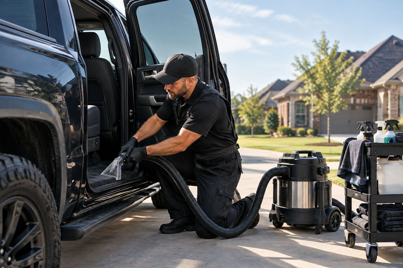 Mobile detailer working on a truck in a residential driveway