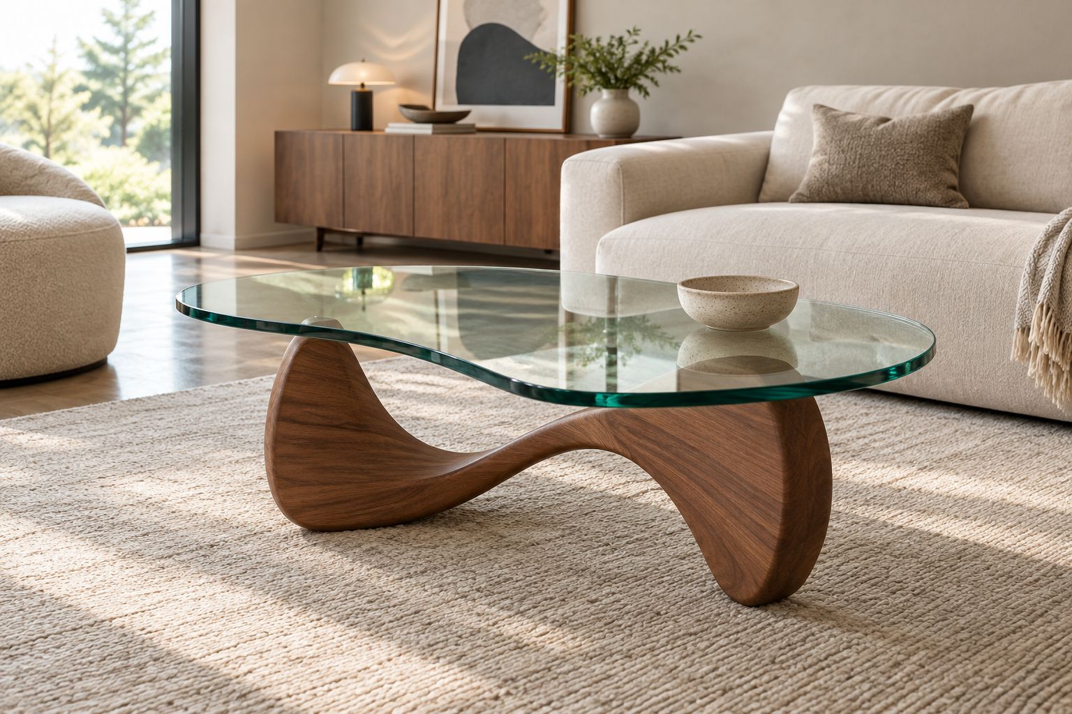 Clear glass coffee table with a sculptural wood base and a mostly open surface above a textured rug