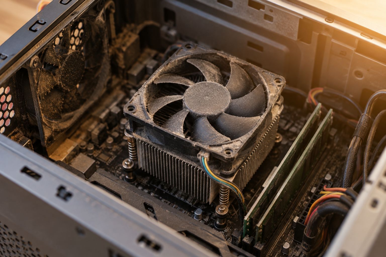 Dusty CPU heatsink and fan inside an open desktop computer case