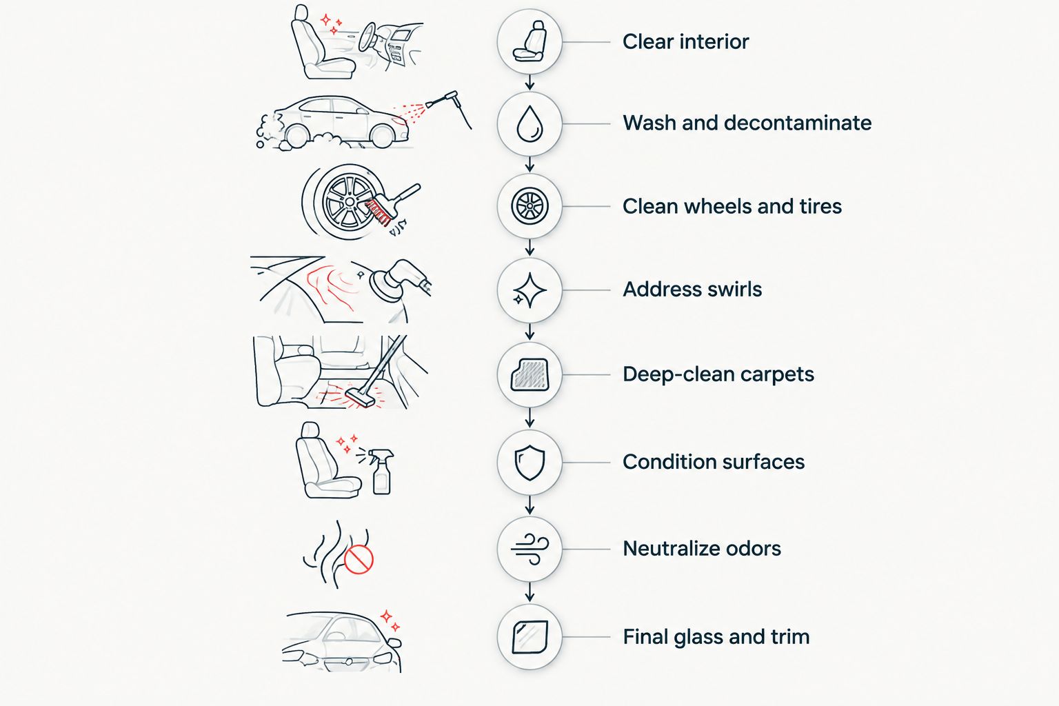 Eight-step order for detailing a car before a trade-in appraisal
