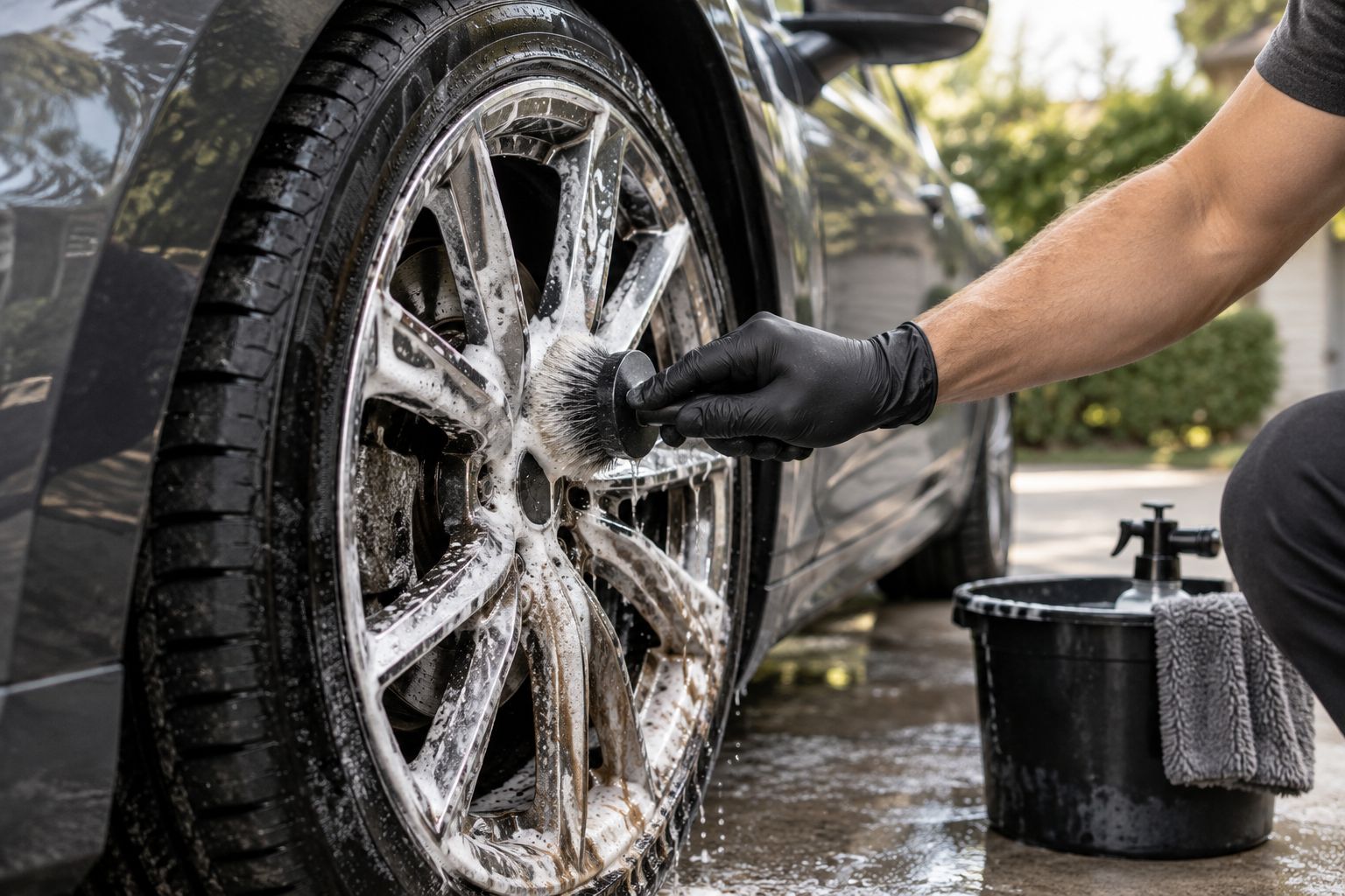 Detailer scrubbing brake dust off an alloy wheel with cleaner and a brush