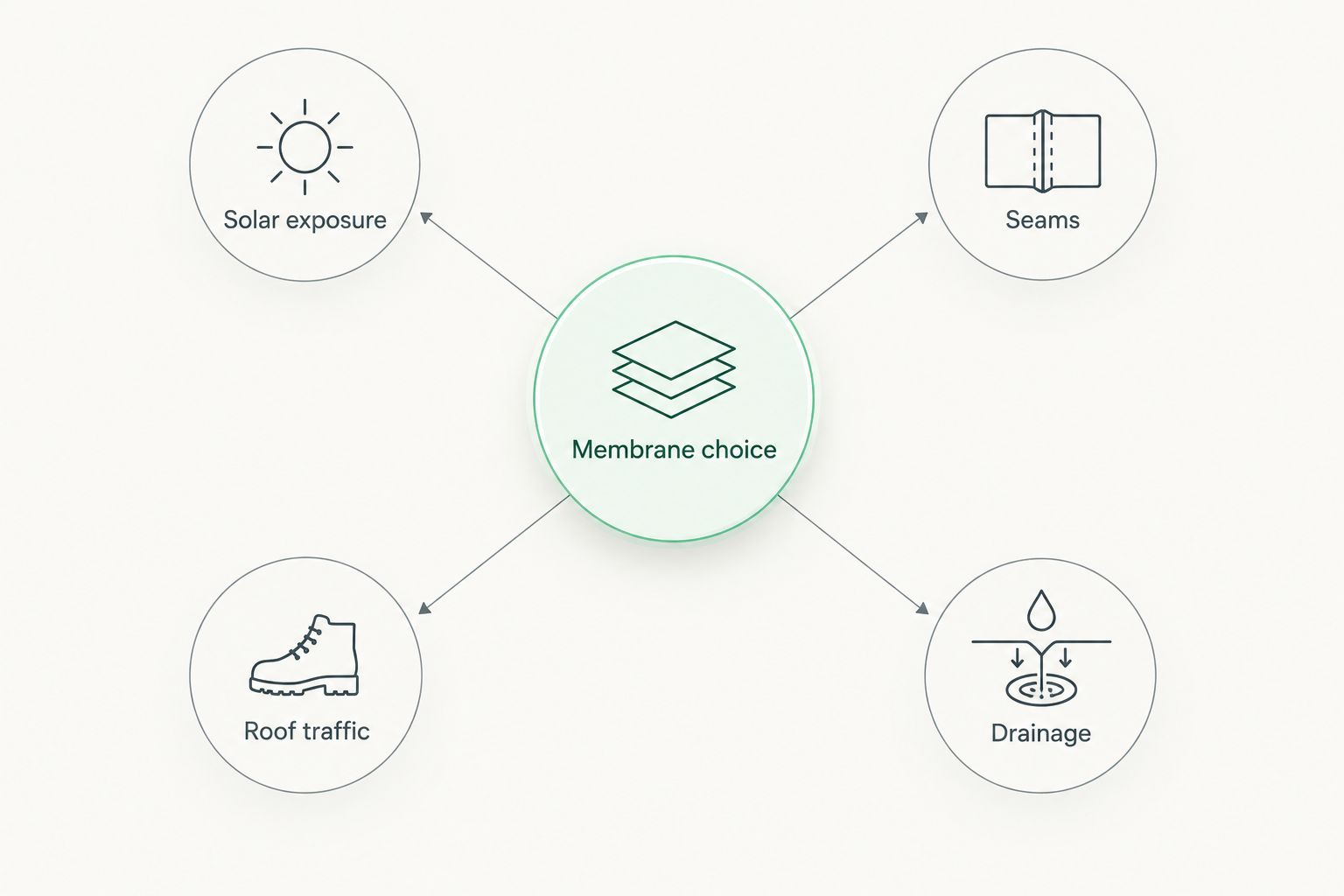 Membrane choice connected to solar exposure, seams, roof traffic, and drainage