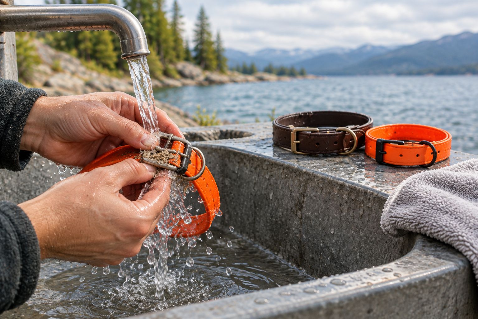 Rinsing sand from a coated dog collar and its buckle after a water outing