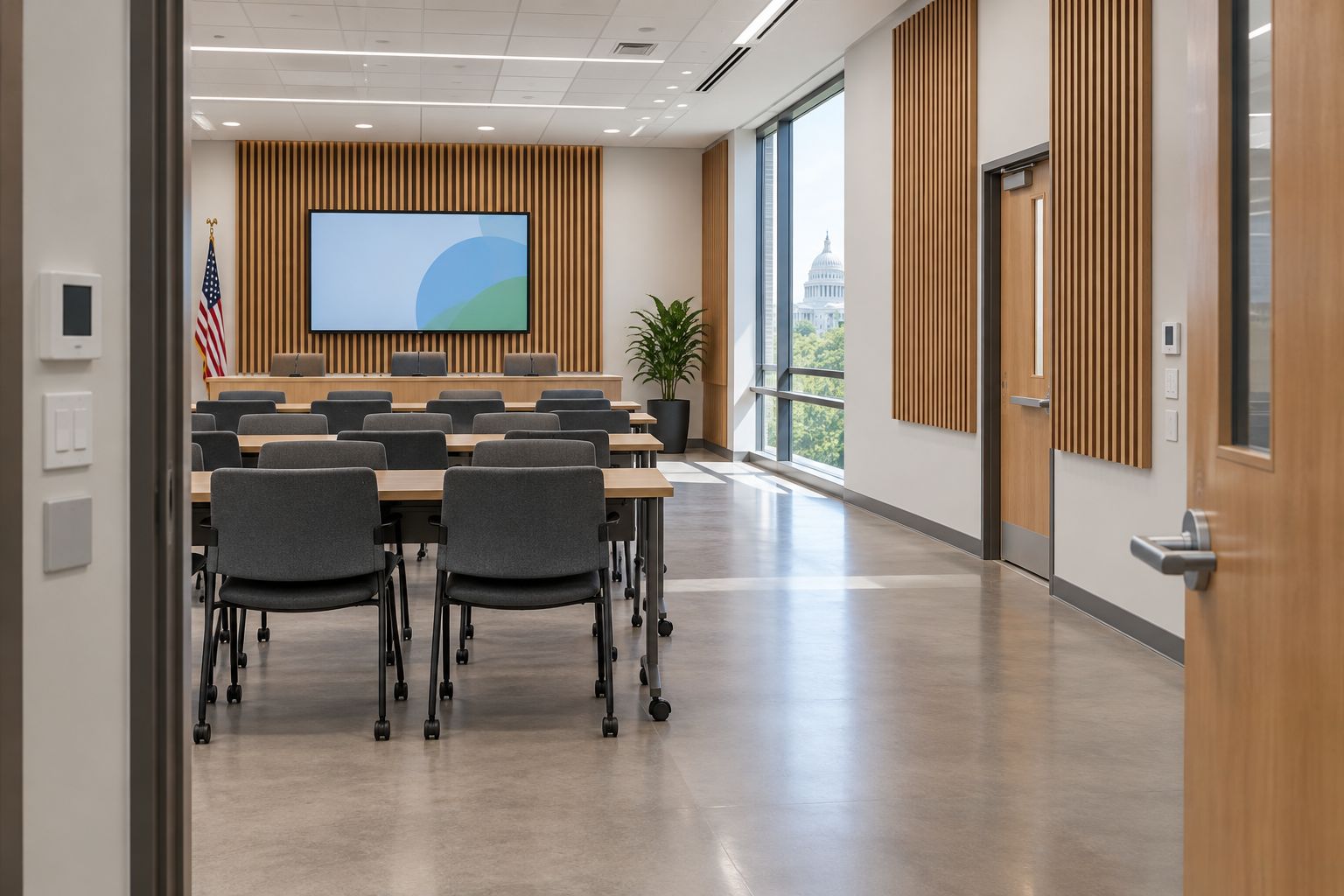 Public meeting room with selected wood slat wall treatment and clear circulation aisles