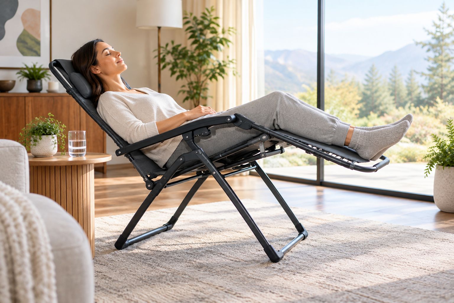 Person reclined in a zero gravity recliner in a home living room