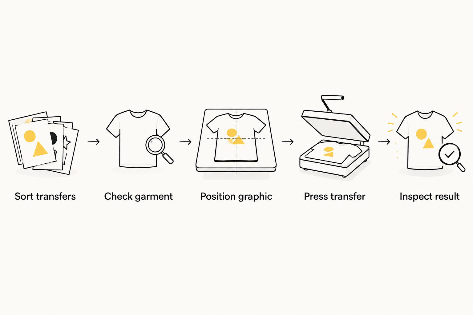 Five production steps from sorting transfers to inspecting the pressed garment