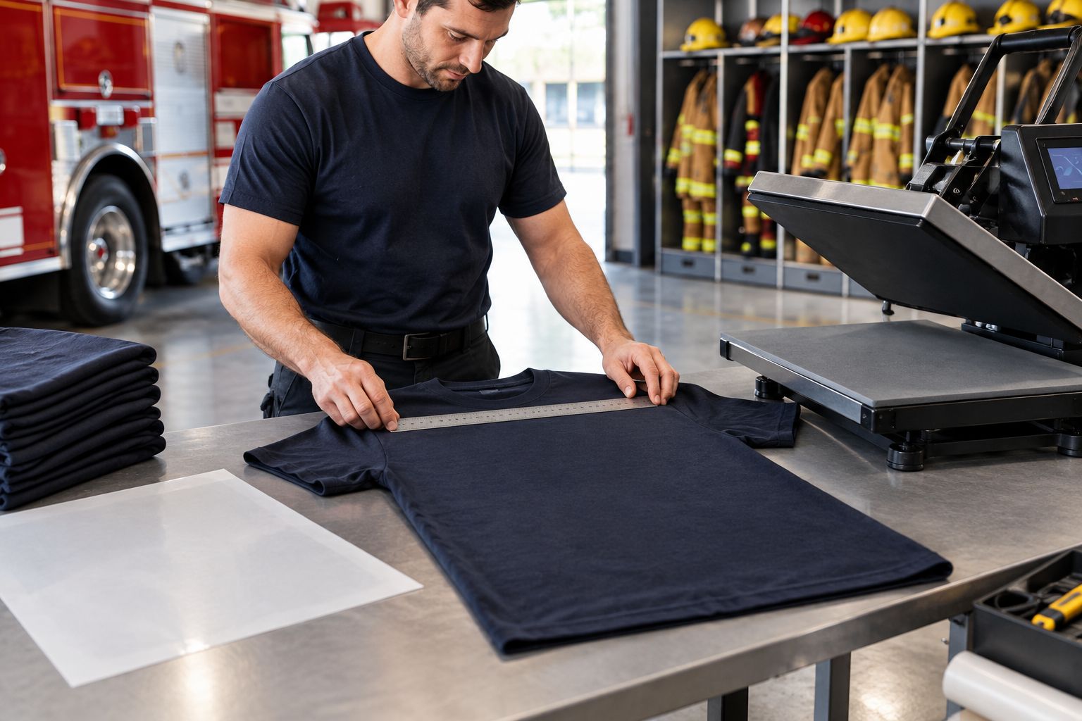 A plain shirt beside a heat press with placement tools and a transfer carrier