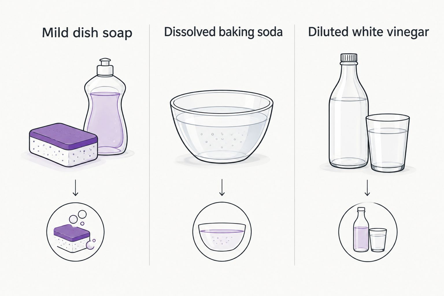 Three cleaning approaches: mild dish soap, dissolved baking soda, and diluted white vinegar