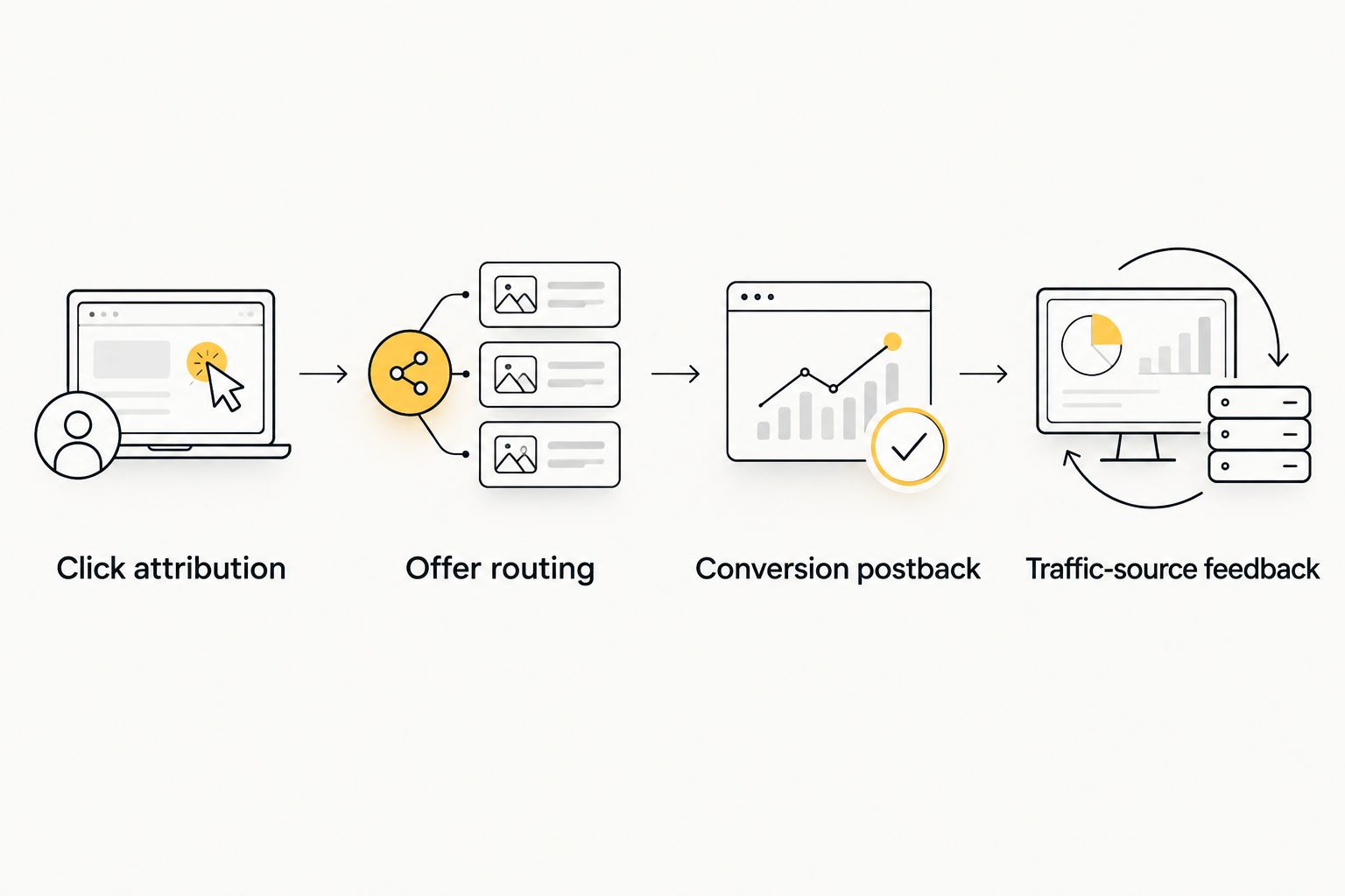 Tracking handoffs from click attribution through offer routing and conversion feedback