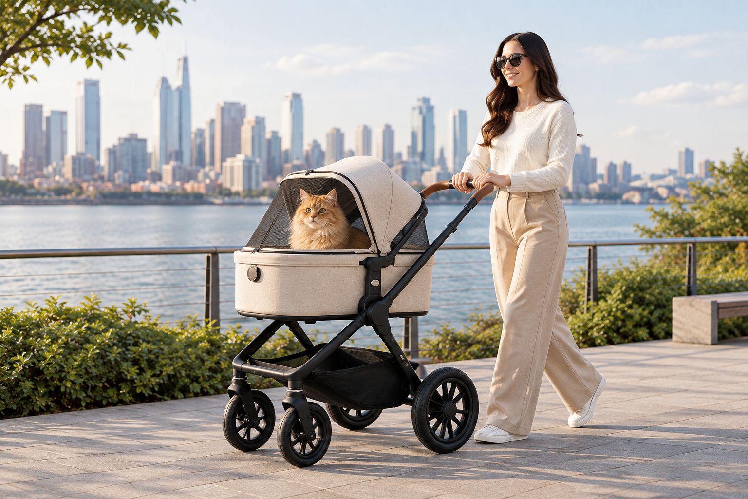 Cat sitting inside a padded stroller cabin with a mesh window on a park walk