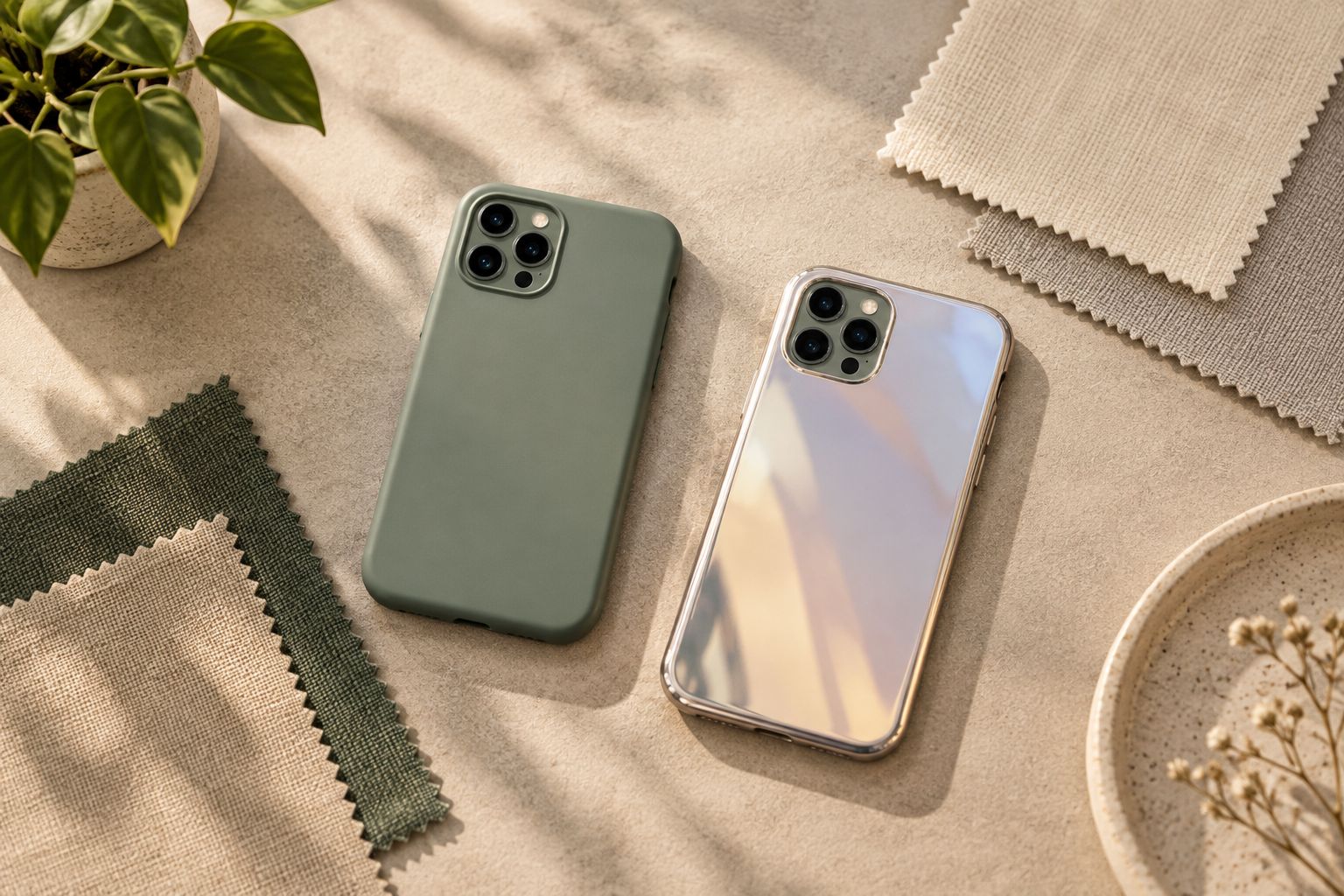 Generic phone-case samples with subdued and reflective surfaces beside plain fabric swatches.