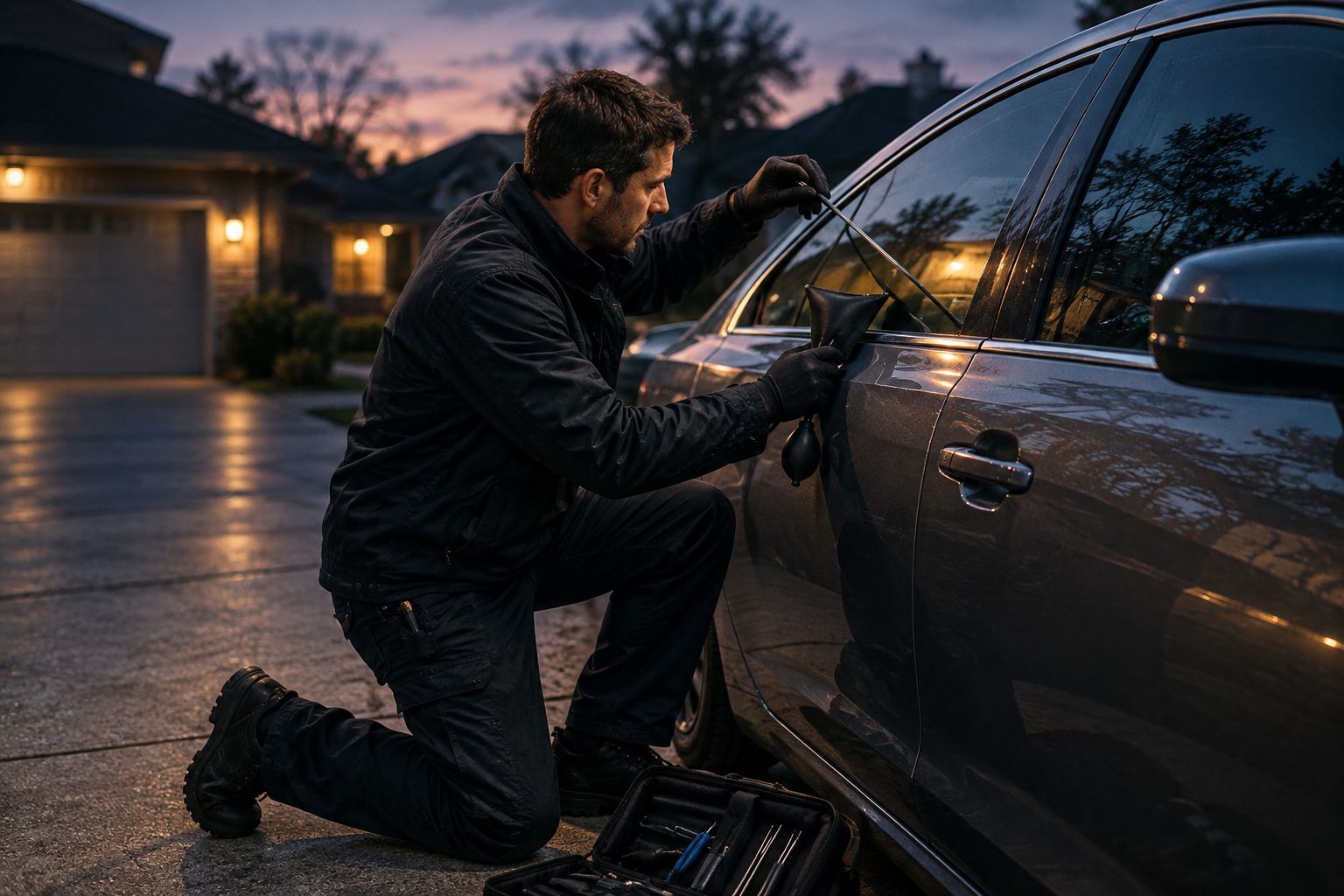 Locksmith technician using a wedge and reach tool to open a car door