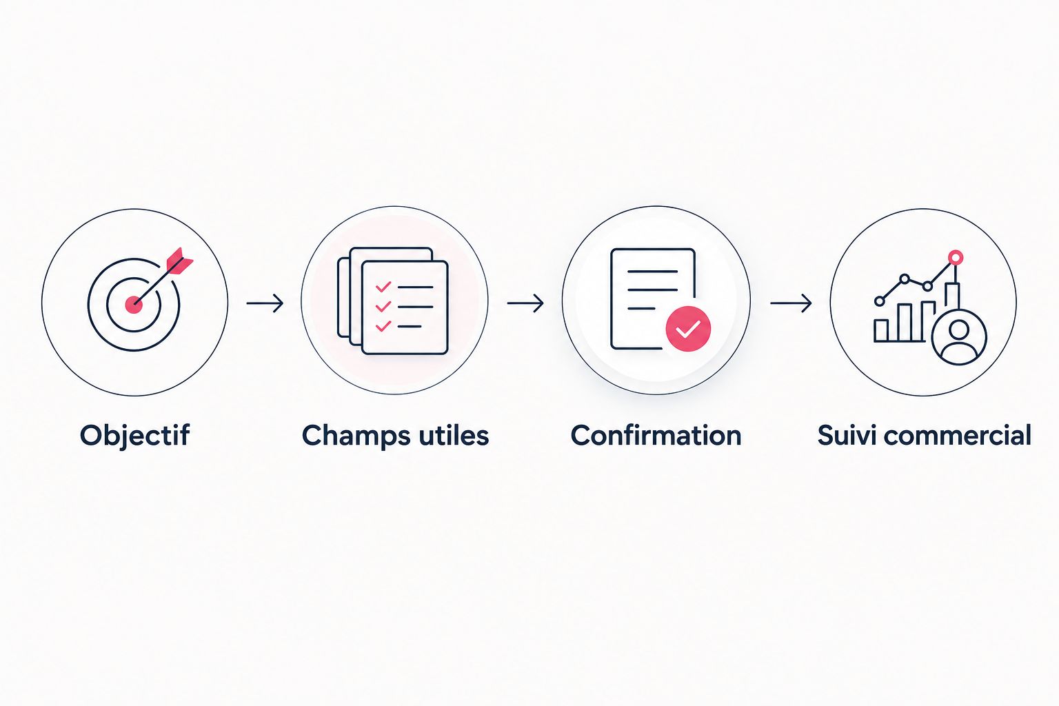 Parcours du formulaire : objectif, champs utiles, confirmation et suivi commercial.