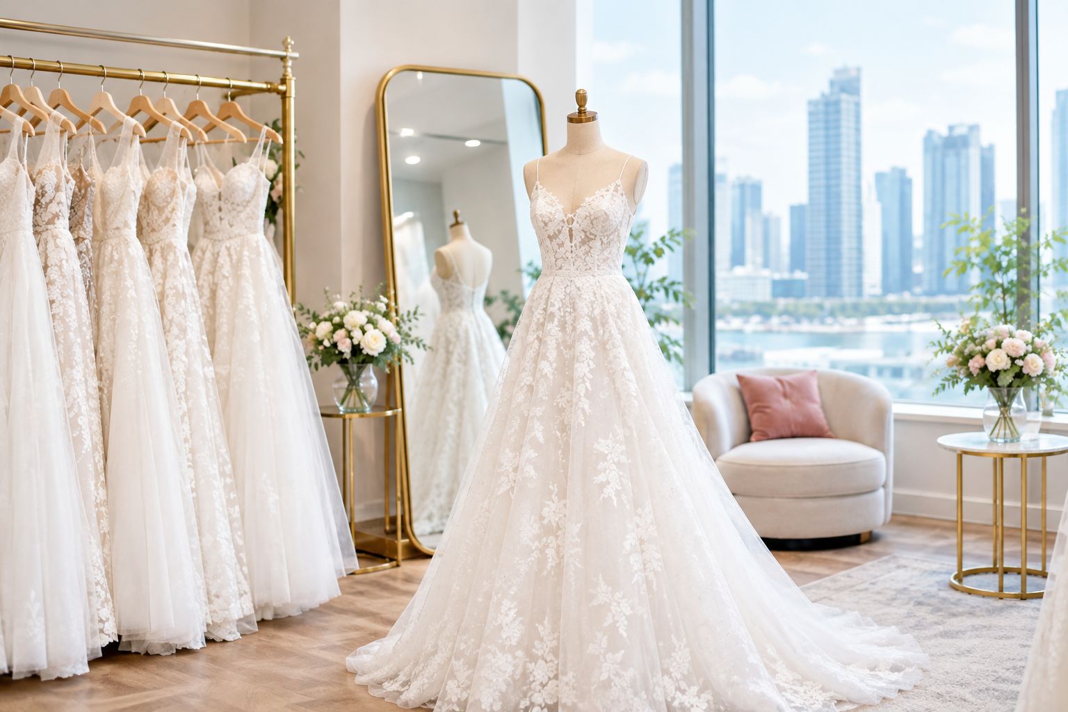 Bridal boutique fitting room with sample wedding gowns on a rail