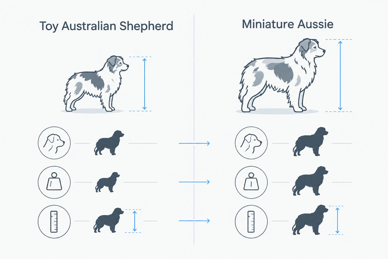 Two-column comparison of Toy Australian Shepherd and Miniature Aussie sizes
