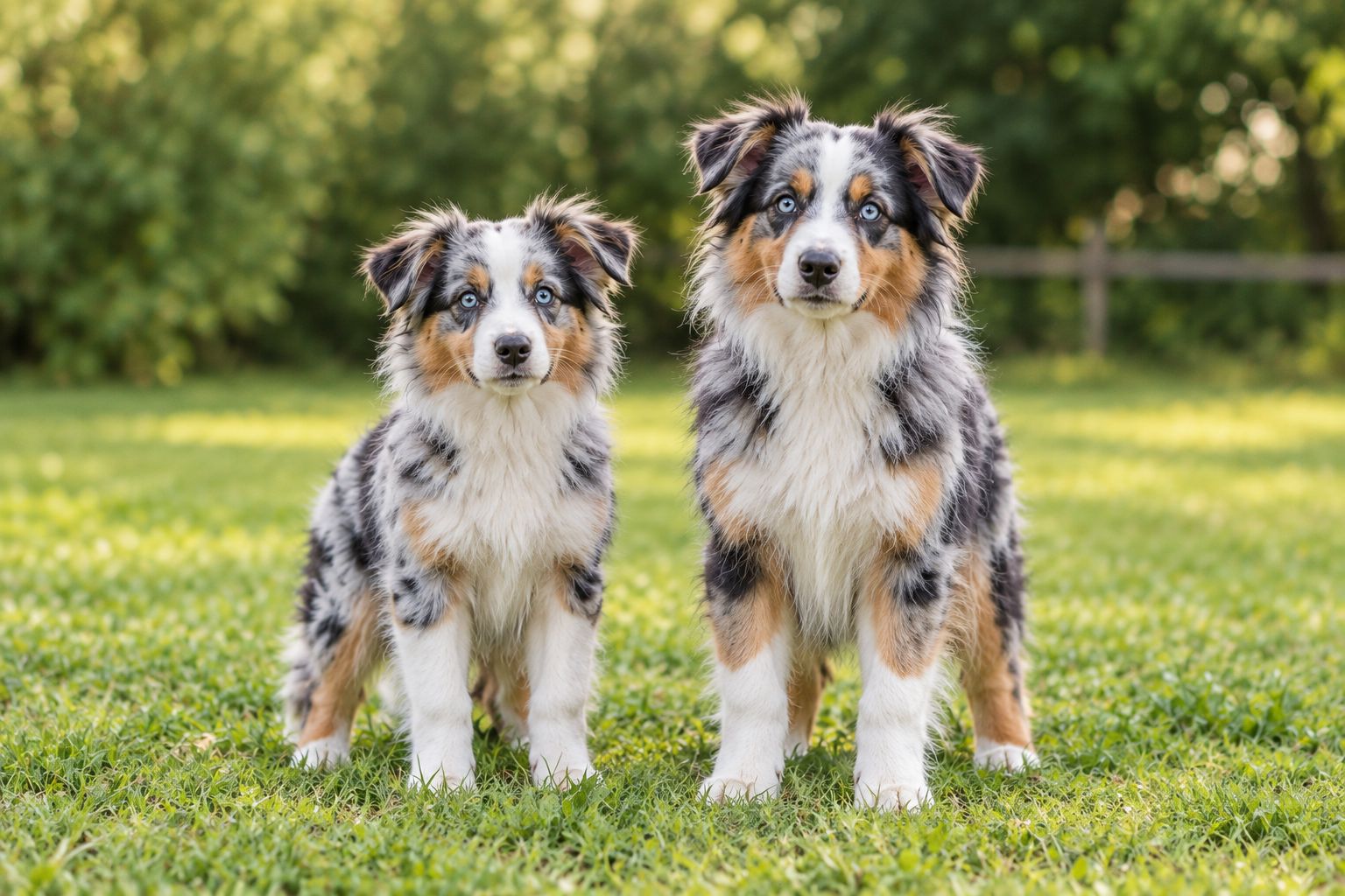 Two herding-breed puppies of different sizes standing together outdoors